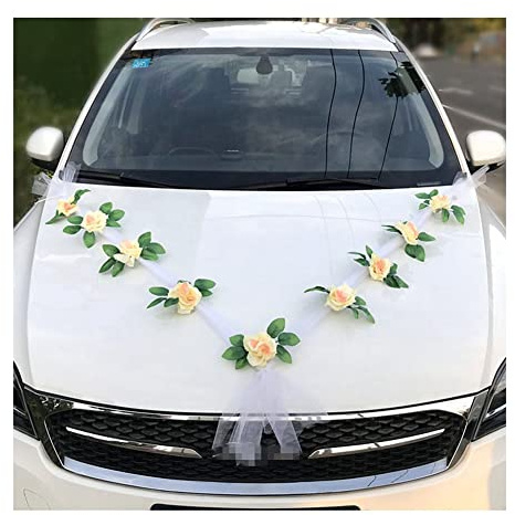 Yurosiay Autoschmuck Hochzeit Auto Blumenschmuck Weiße Organzaband Romantische Champagner Rose Deko Girlande Auto Hochzeit Autoschmuck Blumen Girlande Hochzeitsschmuck Auto Hochzeitsdeko Auto 3#