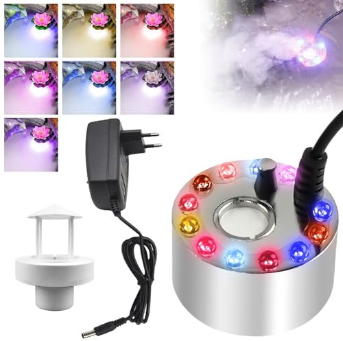 Nebbia a ultrasuoni, Fog Maker con paraspruzzi bianchi rimovibili, generatore di nebbia, mini Fogger con 12 luci per fontane d'acqua, stagno, vaso roccioso, vacanze, feste di Halloween