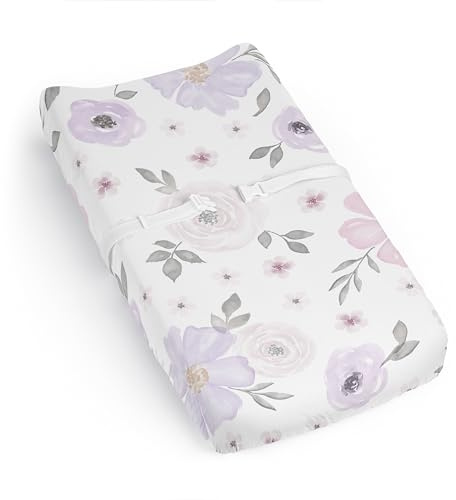Sweet Jojo Designs Lavender Purple Boho Floral Girl Baby Changing Pad Cover Sheet Infant Newborn Diaper Change Mat Cover Pink Grey Bohemian Farmhouse Shabby Chic Rose Lily Watercolor Flower Elegant