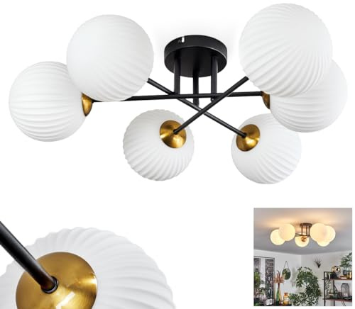 HOFSTEIN Deckenleuchte Chehalis, Deckenlampe aus Metall/Riffelglas in Schwarz/Goldfarben/Weiß, Leuchte im modernen Retro/Vintage-Design mit Schirmen aus Glas (Ø 15 cm), 6 x G9, ohne Leuchtmittel