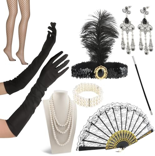 VFANDV 1920er Jahre Zubehör Set, 10 Stück 20er Jahre Kostüm Damen Charleston Kostüm Damen 20er Jahre Accessoires, Gatsby Accessoires mit Flapper Stirnband Halskette Ohrringe