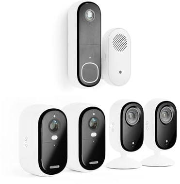 Arlo Full Home Security Kit under 500 (Outdoor Camera x2, Video Doorbell & Chime, Indoor Camera x2), Full HD, Night Vision, Light, Motion Sensor, Siren, 2-Way Audio, Secure Trial Period