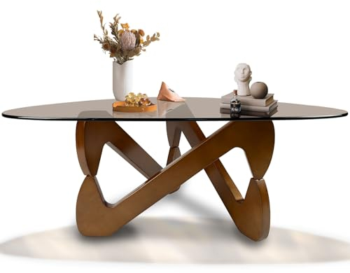 GESEILAY Table Basse en Verre et Bois Triangle Salon Moderne Petite Vintage Table en Verre Trempé (Noyer/Marron, 82)