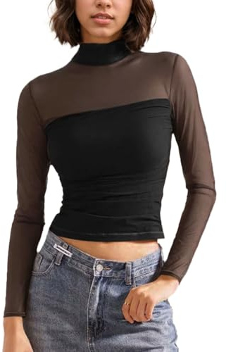 EMOTTOS Hauts de Mailles en Patchwork pour Femmes, T-Shirts Sexy en Dentelle avec Décolleté mi-Haut, Élégant Top Ajustée Clubwear Chemise Transparente Sexy pour Filles, Noir, M