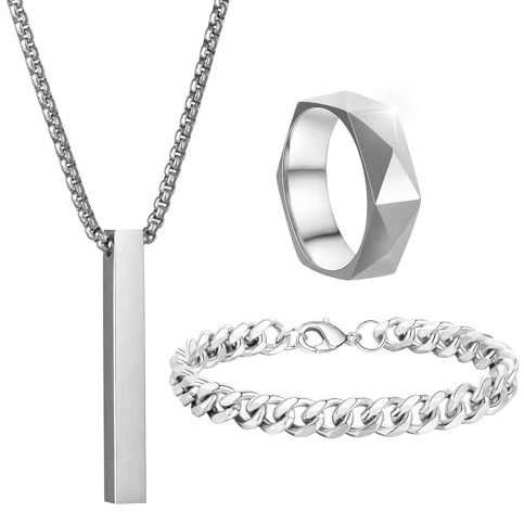 ZENGSING 3 Stück Herren Bar Anhänger Halsketten, Edelstahl Halskette Armbänder und Ring für Männer Frauen Schlangenkette Halskette und Schlangenkette Armband Set Silber/Schwarz (Silber)
