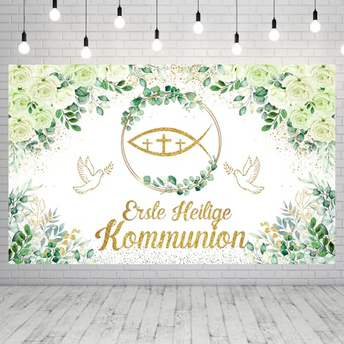HFMYGS Kommunion Deko Banner 170x120cm, Erstkommunion Deko Banner Grün Neutral Hintergrund Hängedeko, Kommunion Wand Party Confirmation Jungen Mädchen