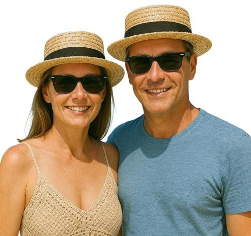Classic Straw Boater Hat and Black Sunglasses Set for Couples – 2 Vintage Skimmer Hats with Ribbon Band + 2 Retro Sunglasses – Fancy Dress Accessory Kit for Men & Women – Great for Gatsby Parties, Sum