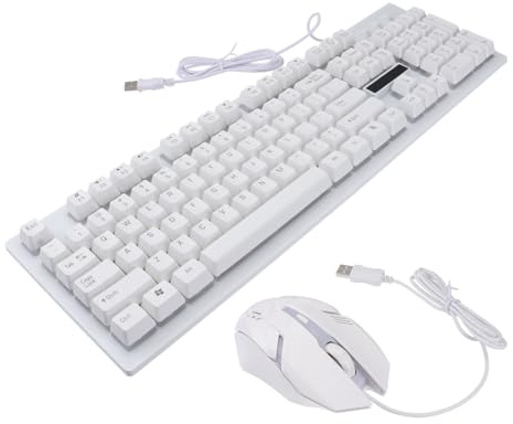 Ensemble Clavier et Souris USB Filaires Gaming Lumineux 104 Touches | Plastique Blanc, Design sans Conflit, Souris 4 Touches, pour Maison et Bureau, Lot 1 Set