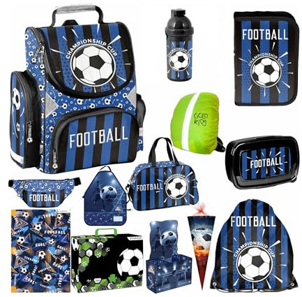 PASO - Schulranzen für Jungen und Mädchen, 14er-Set - Schul-Rucksack für Kinder mit Federmäppchen - Schuhbeutel Trinkflasche und Brotdose - Fußball Motiv- 1-3 Klasse