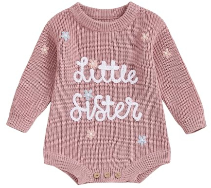 Bufarromio Infant Newborn Baby Boys Sweater Romper Little Sister Letter Embroidery Knit Jumpsuit Long Sleeve Crew Neck Playsuit (Rose Pink, 0-3 Months)