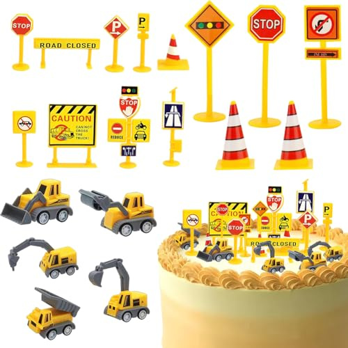 Construction site véhicules enfants, 19 pièces véhicules décoration de gâteau, Mini cars jouet avec panneaux d'affichage, construction véhicules pour anniversaire jeune fille 2 3 4 5 ans