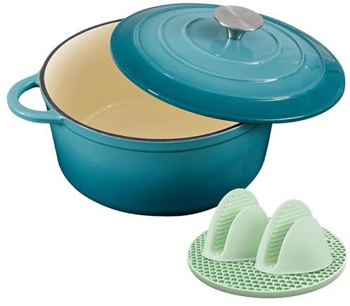 Nilpferd Gusseisen Topf Schmortopf 26cm Emaille Bräter mit Deckel Topflappen, Kasserollen Bratentopf brot backen für Schmoren Braten Incl.1 Paar Silikon Ofenhandschuhe&Topfuntersetzer (Blaugrün,5L)