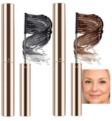 Erinde 2 stycken svart och brun mascara med fin borste, mascara för äldre kvinnor, vattentät mascara, långvarig och torkbeständig mascara, naturligt långa ögonfransar, svängande