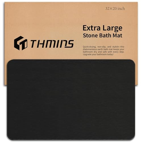 THMINS Groß Stein Badematte 80×50 cm – Diatomit Badmatte aus Kieselgur, rutschfeste Stein Duschmatte für Badezimmer, Super Saugfähig, Schnelltrocknend, Leicht zu Reinigen, Schwarz