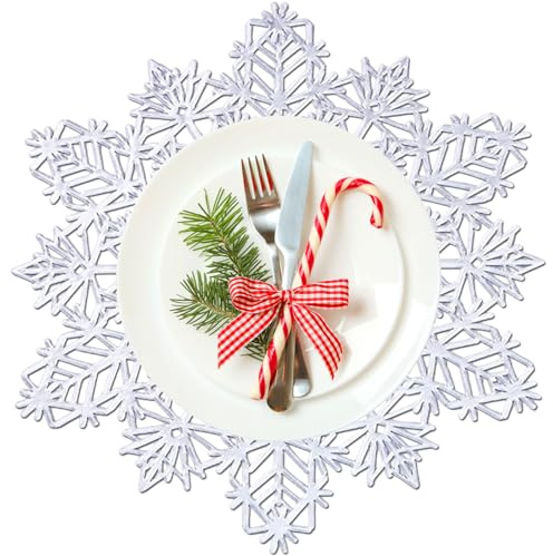 Weihnachten Platzsets, 4 Stück Tischsets Schneeflocken, PVC Tischmatte Schneeflocke Hohles Tischset, Hitzebeständig Rutschfester Platzdeckchen für Weihnachten, Geburtstag, Hochzeit, Bankett