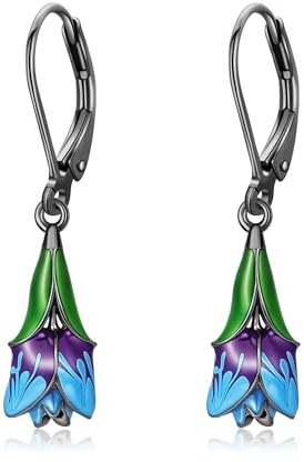 CUPENDA Tulip Earrings 925 Sterling Silver Purple Tulip Flower Dangle Leverback Earrings Jewellery for Women