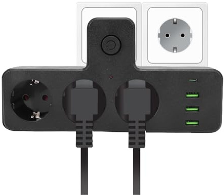 Zerodis Stecker Steckdosen AC-Steckdosenverlängerung mit 3 USB-Anschlüssen 1 Typ-C-Anschluss mit Überlastschutzschalter Stromladeleiste für Zuhause, Büro, Küche, Wohnmobil, 7-in-1