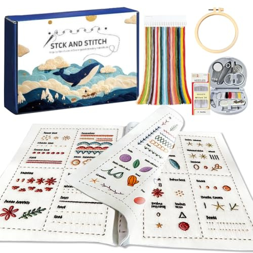 Stickerei Set für Anfänger, Kreuzstich Stickset Erwachsene, Leinenstickbuch Mit Illustrierten Anleitungen Und Material-Tipps, Nähwerkzeugen und Videos, DIY Stichbuch für Anfänger, Kinder & Erwachsene