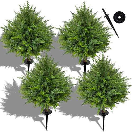 NSOPB 24.5 Inch (H) Artificial Cedar Topiary Ball Trees, Set of 4 UV Resistant Fake Shrub Bushes with Ground Spikes, Faux Outdoor Plants for Garden, Patio, Front Porch & Indoor Decor (4)