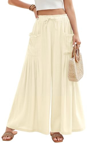 PASUDA Pantaloni Donna Estivi Lino Gamba Larga Pantaloni Leggeri Larghi Elastico Vita Alta Lunghi Eleganti Pantalone da Spiaggia Solido Sciolto Casual Comodi con Tasche Coulisse (Beige, M)