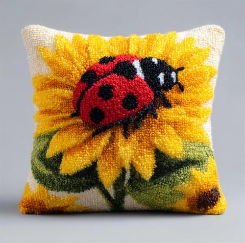 Henypt Knüpfkissen Für Kinder Erwachsene Ein Marienkäfer Sitzt Auf Einer Sonnenblume. Tier Muster Deko Kissenbezug Knüpfteppich Zum Selber Knüpfen Diy Kissen Latch Hook Kit 43 X 43Cm