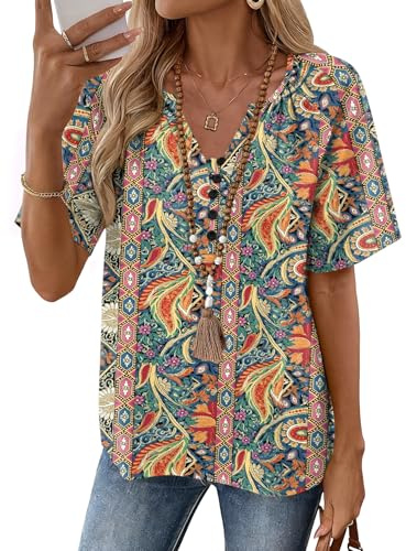 Rapbin Ladies Tops and Blouses: Ethnic Cotton Linen Tops for Women | Summer Boho Top V Neck Short Sleeve Beach Clothes Dressy Casual Peasant Blouses L