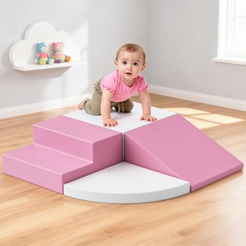 4er Schaumstoff-Kletterblöcke für Kinder, Schaumstoff Bausteine XXL, EN71-zertifiziert & rutschfest, Kinder Montessori Spielzeug, Waschbare Hülle für Indoor-Spaß, Baby Soft Playset(Rosaweißlich)