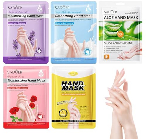 Masque Main,5 Paires Gants Hydratants,Miel Lavande Rose Lait De Chèvre Aloe Masques Hydratants pour les Mains,Hydrate Profondément la Peau Endommagée,Sèche et Craquelée,Réparent la Peau Rugueuse