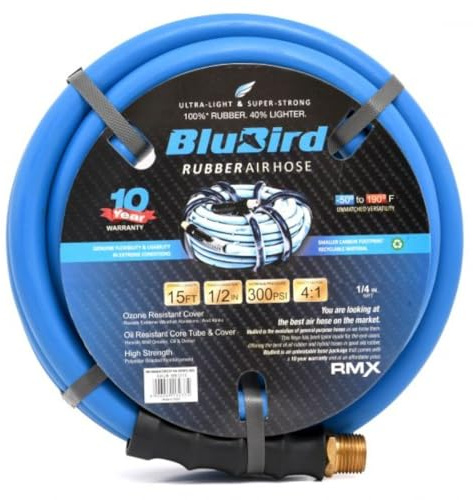 BLUBIRD BB1215 1/2 x 15' Rubber Air Hose, 100% Rubber, Lightest, Strongest, Most Flexible, 300 PSI, 50F to 190F Degrees, Ozone Resistant, High Strength Polyester Braided