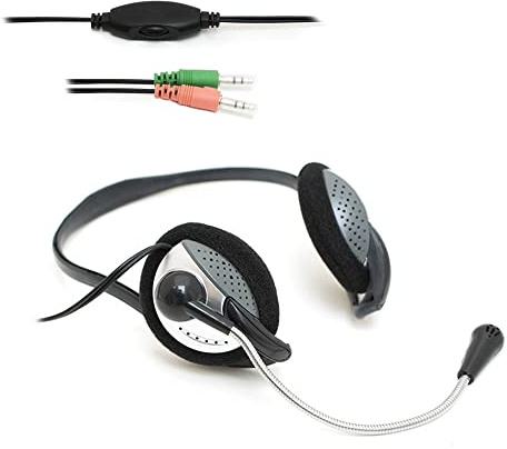 adj Easy Backheadset Cuffie con Microfono Flessibile per PC, Headset con Controllo Volume, Jack Stereo 3.5mm, Adatto per Smartphone e Tablet, Compatibile con Windows/MAC, Nero/Grigio