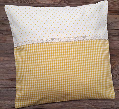 Kissen-Bezug in 40x40 cm für Deko-Kissen Sofa-Kissen - Baumwolle Kissen-Hülle HANNE im Landhaus-Stil gelb weiß kariert gepunktet - Waschbarer Reißverschluss Zierkissen-Bezug für Couchkissen