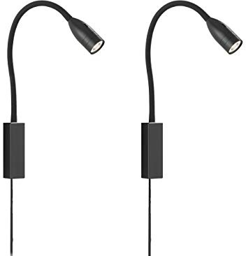 2er SET Leselampen für Bett- oder Wandmontage mit Kabel & Stecker, Schwarz