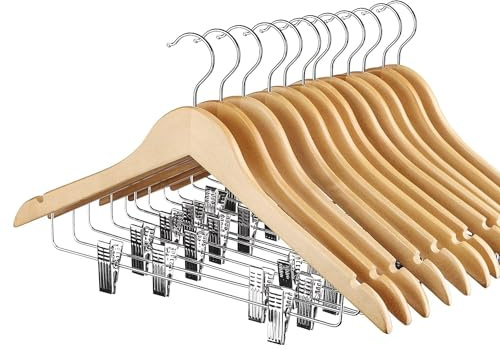 HOUSE DAY 12 Pack High-Grade Wooden Suit Hangers Skirt Hangers with Clips Solid Wood Pants Hanger Natural Smooth Finish Premium Wood Hanger with Durable Metal Clips for Blouse, Dress, Coat, Jacket