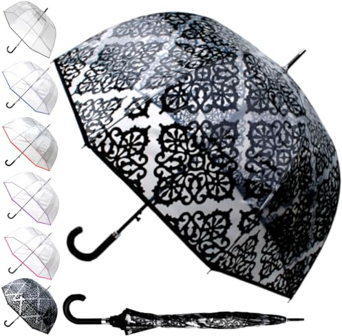 Seltene Automatik Regenschirm Transparent Sturmfest - Stockschirm Windfest | Durchsichtig - Sehr Stark - Verstärkt mit Fiberglas - Damen Herren - Gemustert - Einfassband - Schwarz