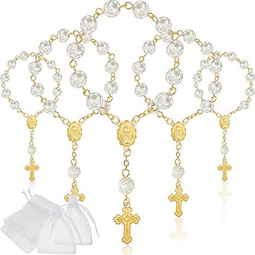 30 Pieces Mini Rosaries Baptism Rosary Beads Acrylic Ivory Color Finger Baptism Rosaries Faux Pearls with Organza Bags for Christening Weddings Party Favors