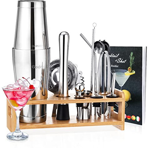 Boston Cocktail Shaker Set, 16 Edelstahl Cocktail Set, Professionelles Cocktail Mix Set, 600/450ML Cocktail Shaker mit Bar Zubehör Barkeeper Set mit Bambus Ständer für Bar Zuhause Geschenkset