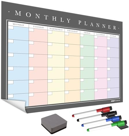 WallTAC A3 Monatsplaner Aufkleber mit Whiteboard-Stiften, hergestellt in Großbritannien, abnehmbarer, trocken abwischbarer Kalender mit wiederverwendbarem Klebstoff, Familienessenplaner oder