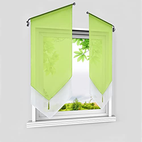 HeichkelL Scheibengardine Voile 2 Stück Bistrogardinen mit Quaste Panneaux Modern Kurzstore mit Tunnelzug Doppelschicht Kleinfenster Vorhänge Grün BxH 60x90cm*2