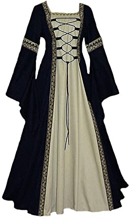 YUDATPG Damen Mittelalter Kleid Blau Floral Renaissance Ballkleid Bodenlang Schulterfrei Elastische Taille Langarm Erwachsene Damenkleid für Halloween Cosplay Irisch Viktorianisches Event