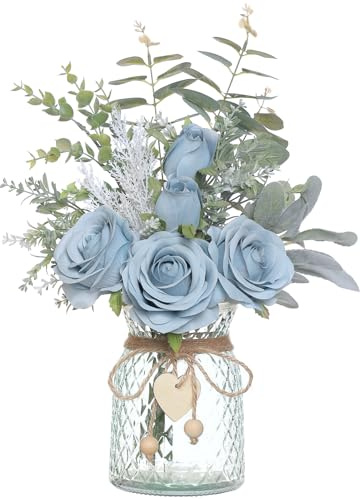 Fleurs artificielles avec Vase, Roses artificielles en Soie dans Un Vase, Arrangement de Fleurs d'eucalyptus pour la Maison, Le Bureau, la Ferme, la Salle de Bain, la Table à Manger, décoration de
