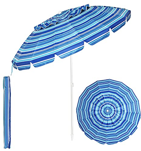 KOMFOTTEU Sombriilla de Playa Ajustable de 243 cm, Parasol de Jardín con Protección Solar, Sombrilla de Terreza con Fundo Puntiaguda, Sombra de Patio Plegable con Bolsa de Transporte
