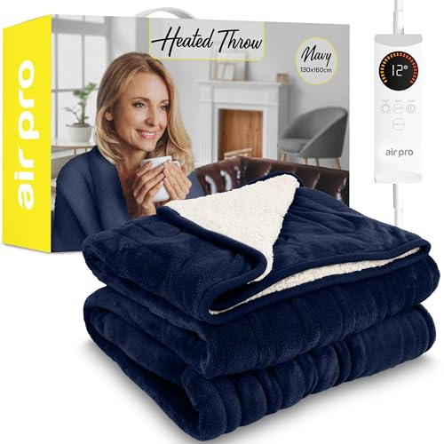 Air Pro Heated Throw - Electric Blanket - Digital Controller - Timer up to 9 hours, 6 Heat Settings, Auto Shutoff - Machine Washable - Single 130x160cm - Navy Shearling