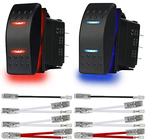 MKBKLLJY 2Stück Automatik-Schloss Kippschalter Ein/Aus/Ein 3Positionen Wasserdicht DC 12V/20A 24V/10A 7Pin DPDT Blau Rot LED Licht mit Überbrückungskabel für Boot LKW Auto