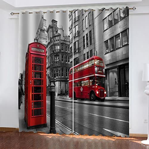 MAYNUO Blickdichte Vorhänge Mit Motiv 3D Londoner Roter Bus Kinder Gardinen Blickdicht Ösen Gardine Thermo 264x214 cm Schlafzimmer Kinderzimmer Vorhänge Dekoratives Muster, Verdunklungsvorhänge