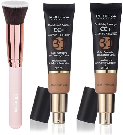 PHOERA CC Cream Foundation With SPF,PHOERA Full Coverage Foundation Color Correcting Cream,Anti Aging Hydrating Serum & SPF 25+ Sunscreen Natural Finish1.08 floz (140 Buff Beige+160 Sand)