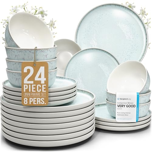 Stoneware dinnerware set 8 persons 24 pcs – Modern style plates and bowls set ceramic – Microwave safe dinner plates and bowls set – Bowl and plate set – Dinner service Pure Living beige & light blue