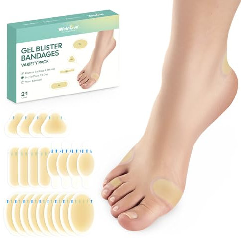 21 Pieces Blister Plasters for Feet - Welnove Invisible Hydrocolloid Gel Blister Bandages - Blister Cushion Pad for Heel Foot Toe and Guard Skin