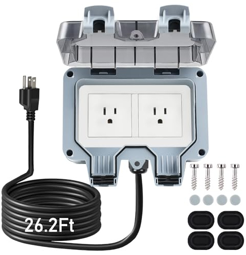 ZUYIYI Outdoor Power Outlet Box with 26.3Ft Extension Cord, NEMA 5-15R, STW 14 AWG, Weatherproof Waterproof IP66 Electrical Outlet Extender, Exterior Wall Power Socket w/Cover for Garden