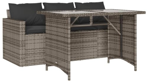 vidaXL 2-Piece Outdoor Dining Set - Grey Poly Rattan, Tempered Glass Table, Thick Cushions, Washable Covers, for Garden/Patio