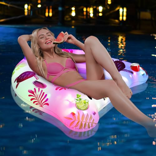 Matelas gonflable d'air pour piscine avec lumière changeante de couleur, matelas d'air pour piscine, chaise longue flottante à énergie solaire avec 2 porte-gobelets, jouet aquatique de plage